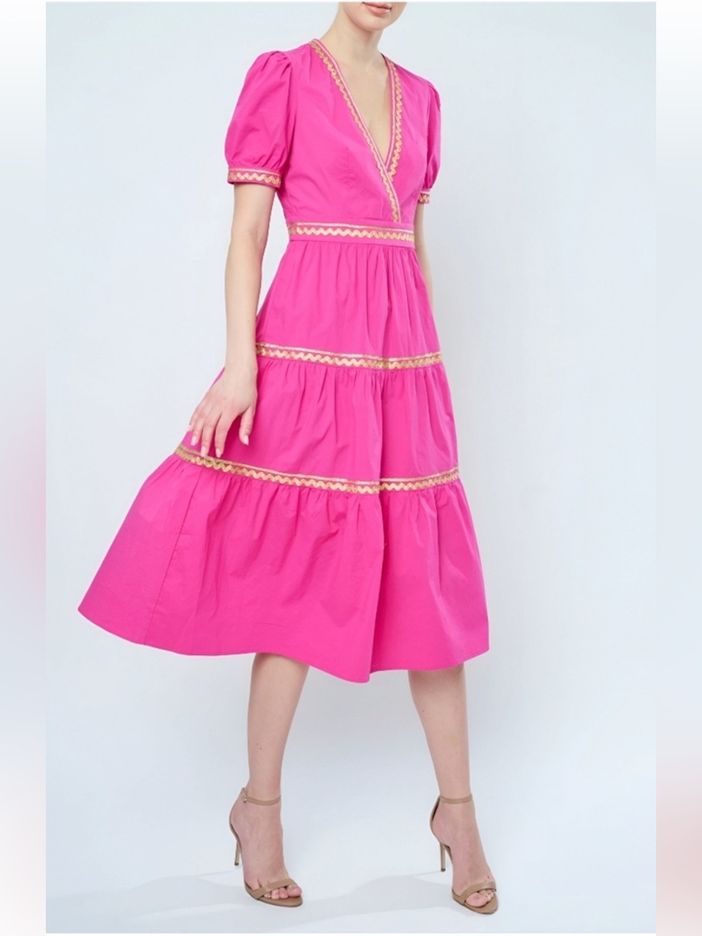 Flora Bea Pink Gold Tiered Puff Sleeve Azaria Dress